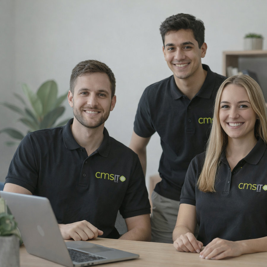 CMS IT staff members smiling in branded shirts