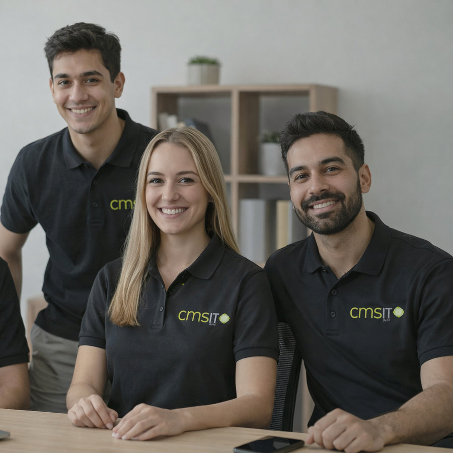CMS IT staff members in branded shirts at a desk